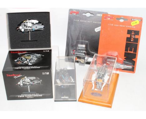 Five plastic cased, carded or boxed 1/18 scale diorama displays of various engines to include a CMC Exclusive Models, Ferrari