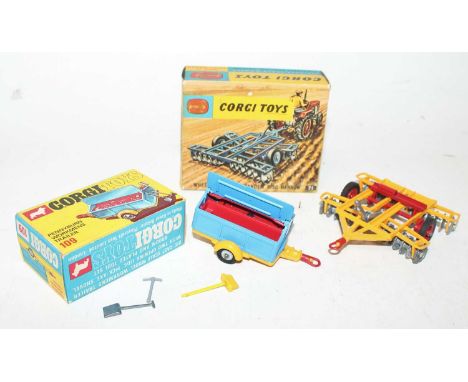 Corgi Toys Boxed Farming and Attachment Group, 2 examples to include No.71 Wheel Controlled Tandem Disc Harrow, and No.109 Pe