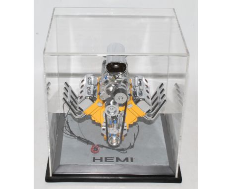 A GMP Racing Engines 1/6 scale model of a Chrysler Hemi blown 392 engine housed in the original perspex display case, some mi