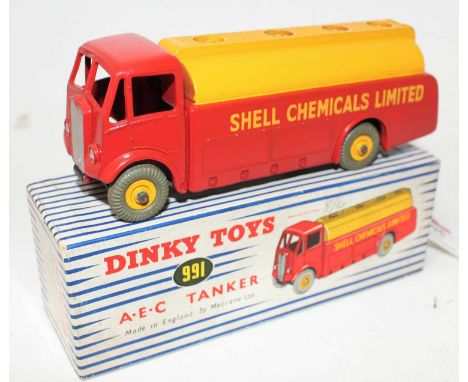 A Dinky Toys No. 591 Shell Chemicals Ltd AEC fuel tanker comprising red and yellow body with yellow hubs in the original lift