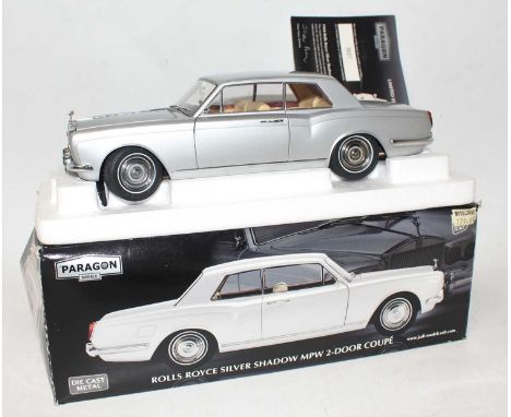 A Paragon Models 1/18 scale boxed model of a Rolls Royce Silver Shadow MPW 2-door coupe finished in silver, housed in the ori