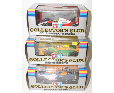 A group of 3 Tamiya Collectors Club racing cars in 1:20 scale as follows: Williams FW14B Renault, McLaren MP4/6 Honda, Benett