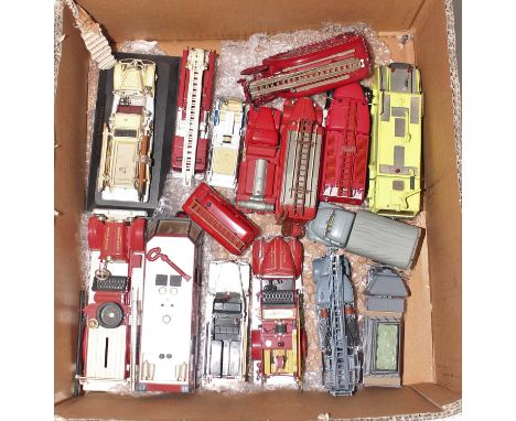 One tray containing a collection of various white metal resin kit built diecast and plastic fire service vehicles, mixed exam