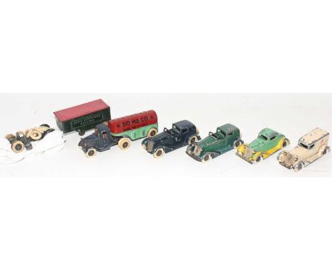 Tootsie Toys, Pre-War Vehicle Group, 6 examples to include Lincoln Zephyr, Ambulance, Domaco Truck and Trailer, Long Distance