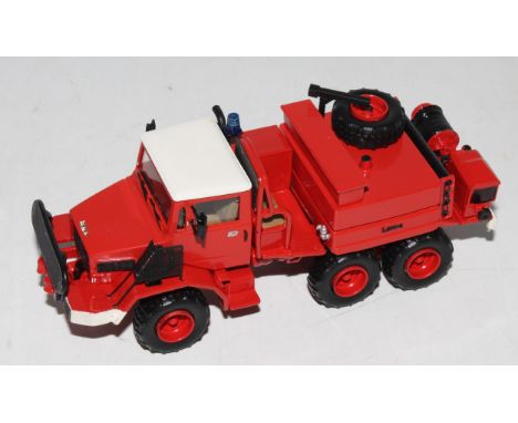 A 1/48 scale white metal and resin kit built model of an MOL HFT1366 Camiva fire appliance recovery vehicle finished in red a