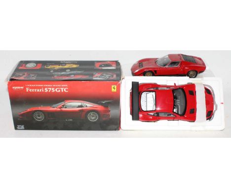 Kyosho model cars x 2 as follows: 1:18 scale Ferrari 575 GTC in red with polystyrene packing, near mint model, outer box is g