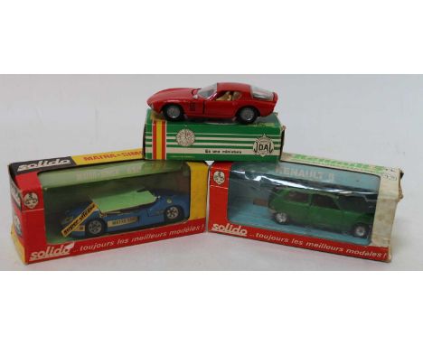 Group of 3 items to include a Solido Matra Simca 650, Renault 5 and a Joal Alfa Romeo, all boxed (cello. split on Solido Rena