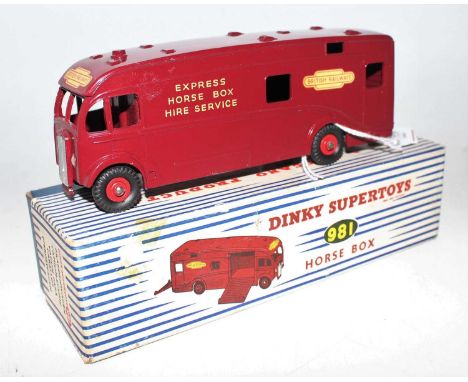 A Dinky Toys No. 981 British Railways horse box comprising maroon body with red Supertoys hubs, in the original blue &amp; wh