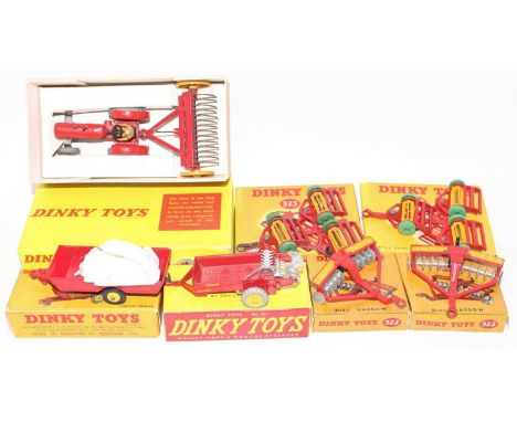 A collection of reproduction boxed Dinky Toy farming diecast vehicles and attachments to include a reproduction boxed farm tr