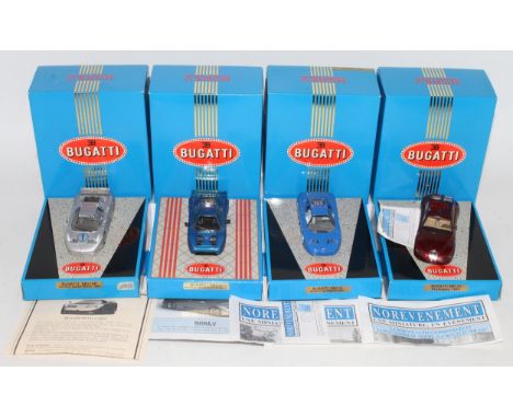 Four various boxed as issued Norev Bugatti 1/43 scale diecast vehicles all housed in original Bugatti branded card boxes, exa