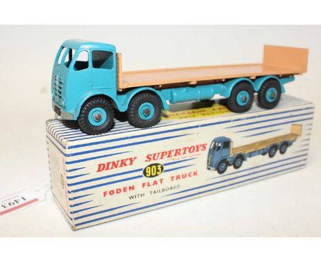 Dinky Toys, 903, Foden flat truck with tailboard, rare issue with 2nd type cab, mid blue cab, chassis and hubs with fawn flat