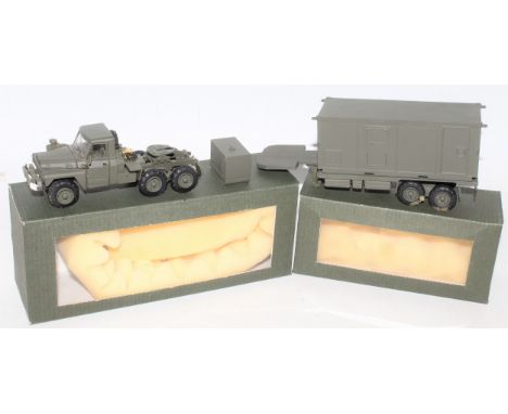A CEF Reflex of France 1/48 scale white metal and resin kit built model of a 6x6 tractor unit with flat bed trailer and porta