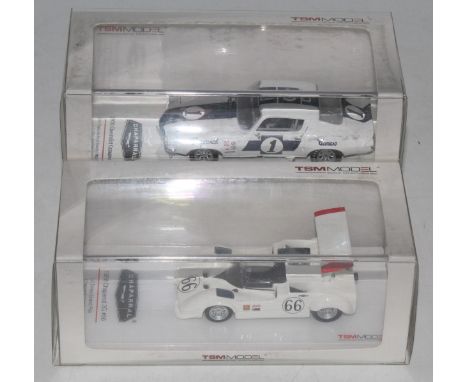 A True Scale Models (TSM) 1/43 scale resin factory hand built racing car model group, two examples to include a 1970s Chevrol