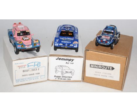 Three boxed 1/43 scale resin and white metal hand built racing buggy kits, three mixed examples to include a Mini route buggy