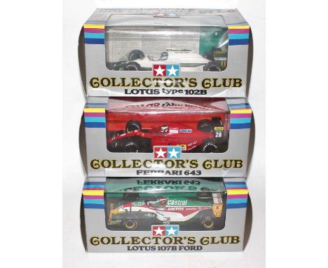 A group of 3 Tamiya Collectors Club racing cars in 1:20 scale as follows: Lotus 107B Ford, Ferrari, Lotus type 102B, all mint