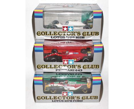 A group of 3 Tamiya Collectors Club racing cars in 1:20 scale as follows: Lotus 107B Ford, Ferrari, Lotus type 102B, all mint