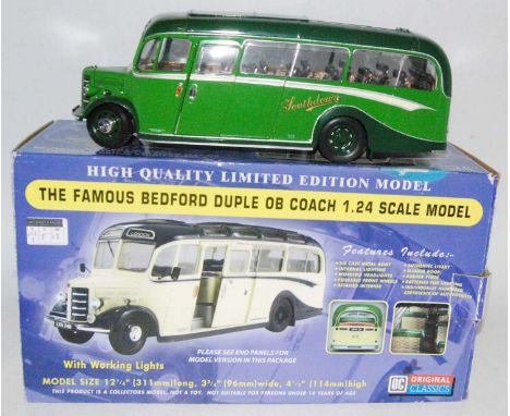 An OC Original Classics 1/24 scale limited edition model of a Bedford Duple OB coach, finished in green and cream with South 