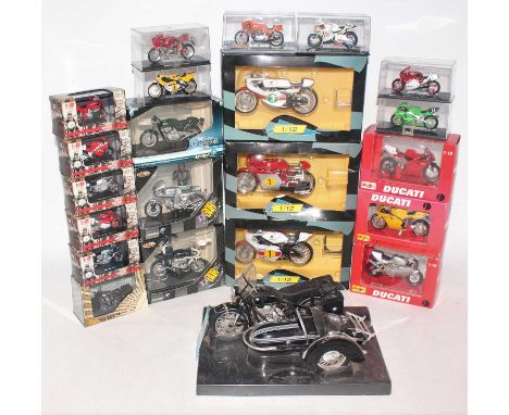 A large group of 21 boxed mixed scale motor bikes and one unboxed B.M.W. (in need of gentle cleaning, unboxed) by various man