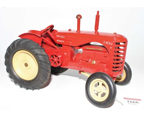 Matchbox Lesney Moko, 745D Massey Harris tractor, red body with yellow hubs and rubber tyres, with chimney and exhaust (VG)