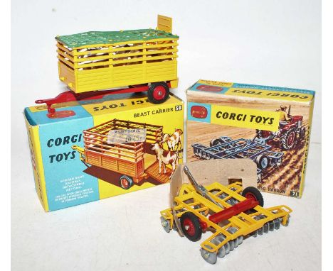 Corgi Toys Boxed Farming Attachment group, 2 examples to include No.58 Beast Carrier (NM-BNM), together with No.71 Wheel Cont