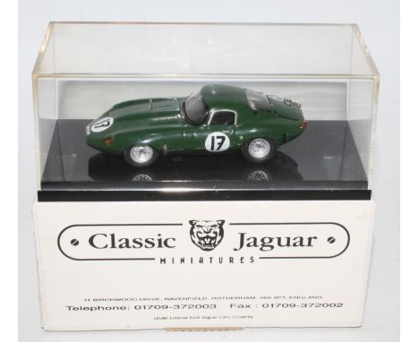 A Classic Jaguar Miniatures (CJM of Rotherham of England) 1/43 scale kit built model of a Jaguar E-type finished in green wit