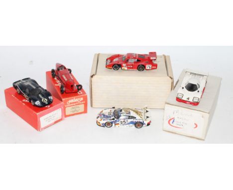 Five boxed and loose 1/43 scale white metal and resin factory hand built and kit built race car group to include a Mikansue 1