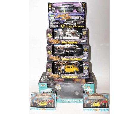 A group of 7 Hot Rod 1950s themed models by Revell, Motor max and Ertl in various scales 1:18, 1:25, and 1:64 scales. (BM).