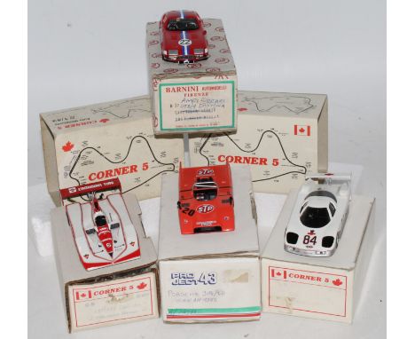 Four various boxed factory/handbuilt 1/43 scale white metal and resin race cars, four examples to include a Corner Five Frisb