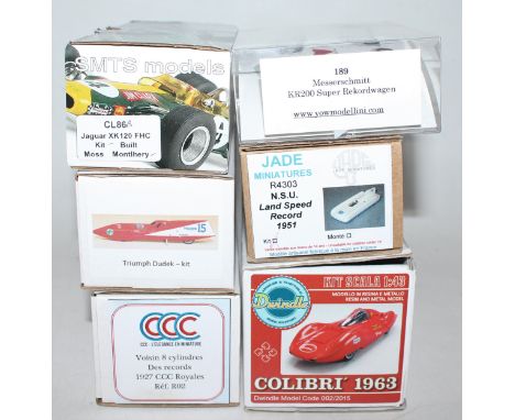 Six various boxed resin and plastic/white metal landspeed record car kit group, mixed examples to include a Jade Miniatures N