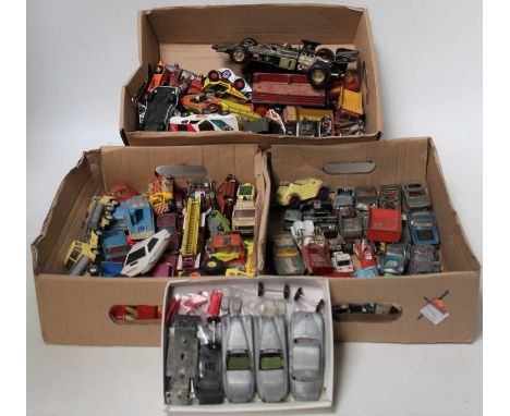 Mainly Corgi models, large  group of unboxed play worn models and part models, includes 3 models striped of paint for repaint