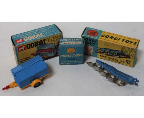 Corgi group of 3 models as follows: 109 Pennyburn Workmen trailer (missing loose tools), 61 Four Furrow Plough and a box of n