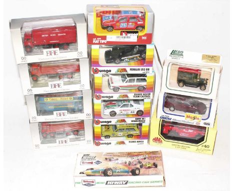 A group lot of 13 mixed modern diecast models, all boxed, includes 5 Burago 1:43rd scale models and 4 EFE models, a Mac Tools