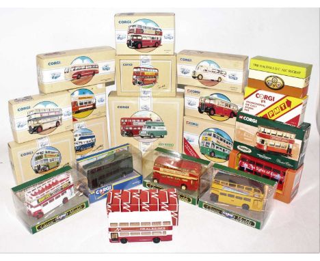 One box containing a collection of various boxed Corgi, Western Models and Husky public transport diecast vehicles to include