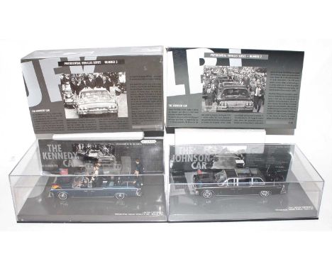 A Minichamps 1/43 scale Presidential vehicle series group, two examples to include No. 2 The Johnson Car, and No. 3 The Kenne