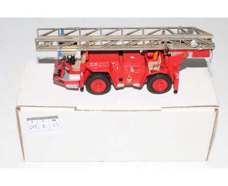 An MVI Mini Vehicle Incendies 1/50 scale kit built model of a 1972 Eatt Riffaud Salev fire engine, built to a very high stand