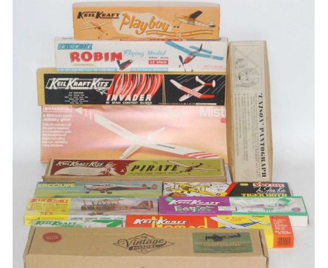 Balsawood and plastic kit group to include Keil Kraft Gliders and Planes x9 and 1x Veron Tiger Moth,1x Humbrol Mistral Glider