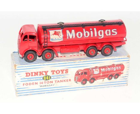 A Dinky Toys No. 941 Foden 14-ton Mobil Gas tanker, comprising of red body with matching hubs and Mobil Gas livery, fitted wi