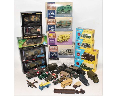 Two boxes of mixed military related modern issue diecast, majority boxed, some loose, to include a Corgi Classics AFS Bedford