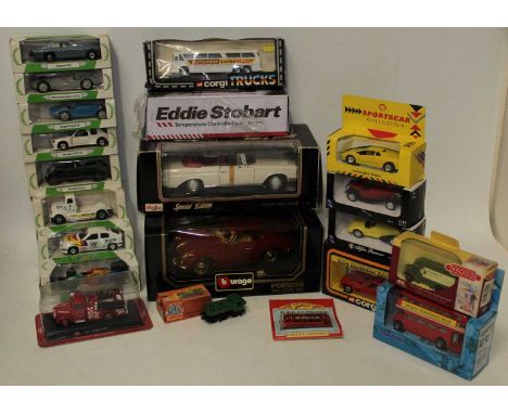 Mixed group of models which includes a Burago 1:18 scale Porsche 356B Coupe and 8 boxed Corgi Mobil promotional models and ma