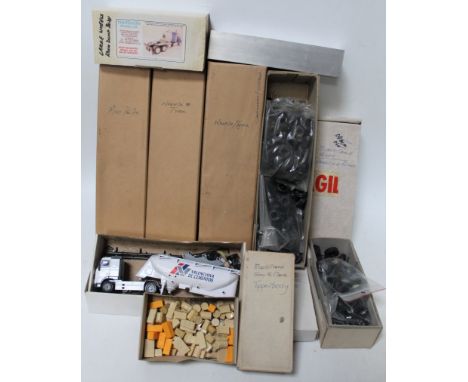 One box containing a large quantity of various boxed and part started white metal resin and plastic vehicle kits and spare pa