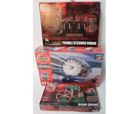 A group of 3 Airfix engine related kits as follows: A20005 Jet Engine, in shrink wrap, A08870 Paddle Steamer Engine (bag stil