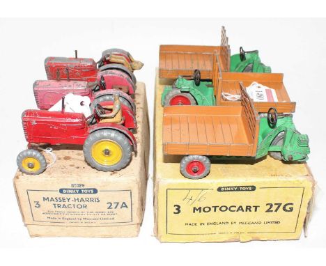 Dinky Toy Trade Box Group, 2 examples to include No.27A Massey Harris Tractor, all play worn and missing 1 driver (A/F-BF), t