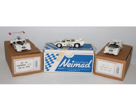 An Esdo Models and Neimad 1/43 scale white metal and resin kit built Chaparral race car group, three examples all in original