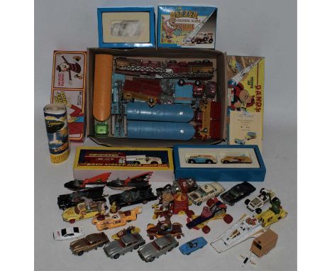 Corgi Toys mixed lot of T.V. related items, mostly unboxed and play worn, includes circus models, James Bond Aston Martin DB5