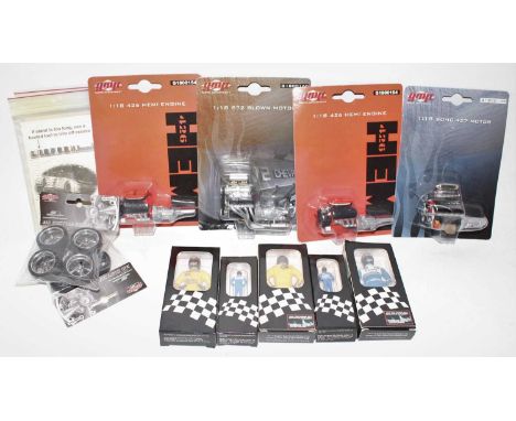 One tray containing 4x GMP 1:18th scale engines on card and 2x Custom wheel sets plus 2x Minichamps figures in 1:43rd scale a