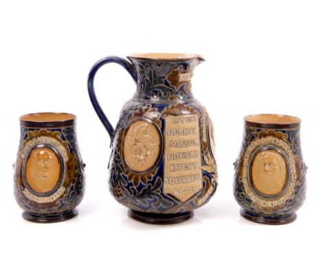 Scarce Victorian Doulton Lambeth political jug and pair beakers of baluster form, decorated with 'Leeds Election 1880', 'Herb