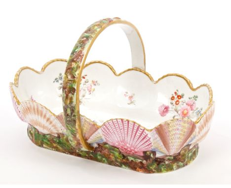 Early 19th century Spode shell moulded basket, circa 1820, with polychrome painted decoration and floral sprays - marked in r