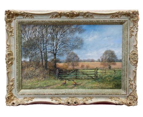 *Clive Madgwick (1934 - 2005), oil on canvas - pheasants before a gate, signed, dated 1999 verso, in gilt frame, 39cm x 59cm