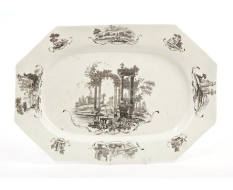18th century Worcester Hancock printed meat dish of octagonal form, decorated with classical ruins, circa 1755 - 1760, 29cm. 