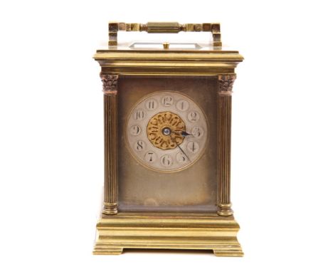 Good quality late 19th / early 20th century French carriage clock with eight day repeating movement striking on a gong, backp